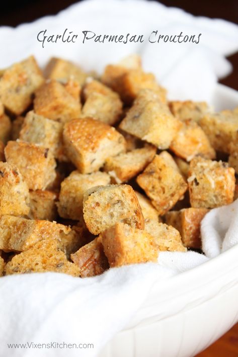 Garlic Parmesan Croutons - Vixen's Kitchen Recipes With Old Bread, Parmesan Croutons, Baguette Bread, Garlic Parmesan, Croutons, Grated Parmesan Cheese, Recipe Ideas, Food Hacks, Bread Recipes