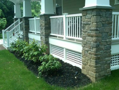 Porch Skirting Options - Paint, Lattice or Stone? - Addicted 2 Decorating® Porch Skirting, Porch Lattice, Lattice Deck, Front Porch Design Ideas, House Skirting, Front Porch Columns, Front Porch Railings, Deck Skirting, Front Porch Steps