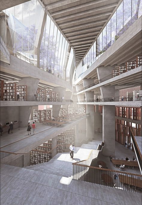 McCullough Mulvin Architects Designs University Extension in India, Courtesy of McCullough Mulvin Architects Large Building, Library Architecture, People Walking, Architecture Rendering, Library Design, Architecture Portfolio, Sustainable Architecture, Architecture Visualization, Architecture Presentation