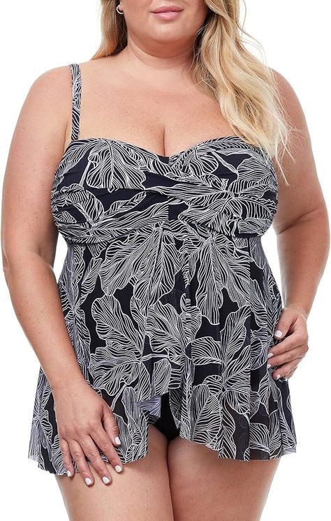 Profile by Gottex Women's Soiree Full Figure Bandeau Swimdress - swimdress Tummy Issues, Line Print, Full Figured, Black Swimsuit, Swim Dress, Women Swimsuits, Neiman Marcus, Plus Size Outfits, Top Styles