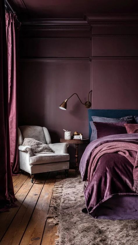 7 Moody Bedroom Color Ideas for a Sophisticated & Modern Space 7 Moody Purple Bedroom Ideas, Deep Purple Room, Dark Plum Bedroom, Dark Purple Accent Wall, Bedroom With Purple Accents, Dark Mauve Bedroom, Colour Drenching Bedroom, Color Drenched Bedroom, Moody Bedroom Colors