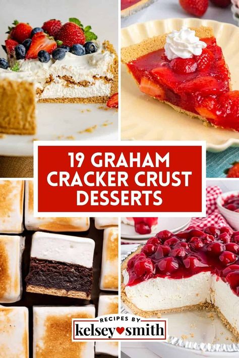 Discover dessert recipes using graham cracker crust. No bake pies, cheesecakes, and more are perfect with homemade or store-bought crusts. Graham cracker crust is made with three simple ingredients: crushed graham crackers, melted butter, and usually a bit of sugar. The crust has a slightly sweet, crunchy texture. Try these fruit pies, non-fruit pies, cheesecakes, no-bake desserts, mini desserts, layered desserts, and more. Recipes Using Graham Cracker Crust, Homemade Gram Crackers, Graham Cracker Crust No Bake, Desserts Layered, Graham Wafer Crust, Graham Cracker Crust Dessert, Graham Cracker Crust Pie Recipes, Pie Crust Dessert, Graham Cracker Crust Cheesecake