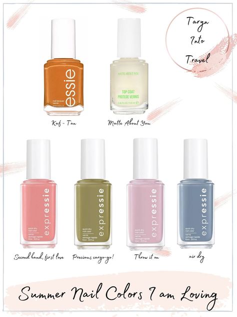 www.tarynintotravel.com | Nail colors for summer | matte nail colors | Essie polish | expressie nails | pastels | summer colors Nail Colors Palette, Nail Colors Essie, Nail Colors For Summer, Palette Summer, Matte Nail Colors, Essie Colors, Essie Polish, Matte Nail, Colors Palette