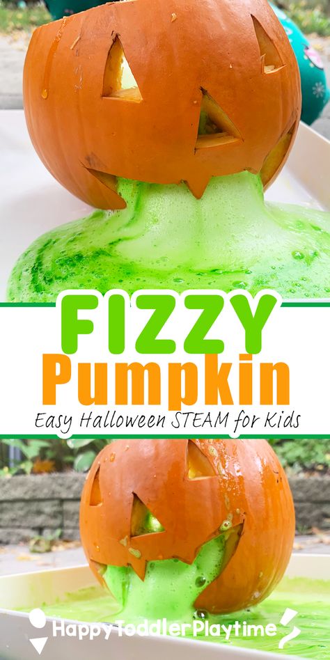 Fizzy Pumpkin Science Experiment for Halloween - Happy Toddler Playtime Science Activity For Toddlers, Pumpkin Fizz, Halloween Games For Toddlers, Pumpkin Science Experiment, Halloween Experiments, Halloween Science Activities, Toddler Science, Science Activities For Toddlers, Pumpkins Preschool