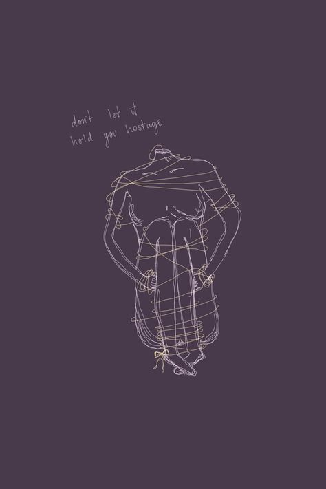 purple background with simple & messy line art. a girl is shown in a pale pink color with a pale yellow string tying her body up as she sits hugging her knees. the phrase "don't let it hold you hostage" is written above her. Intrusive Thinking Aesthetic, Intrusive Thought Tattoo, Intrusive Thinking Art, Tattoos Ocd, Tattoos For Ocd, Intrusive Thoughts Art, Intrusive Thinking, Intrusive Thinking Quotes, Intrusive Thoughts