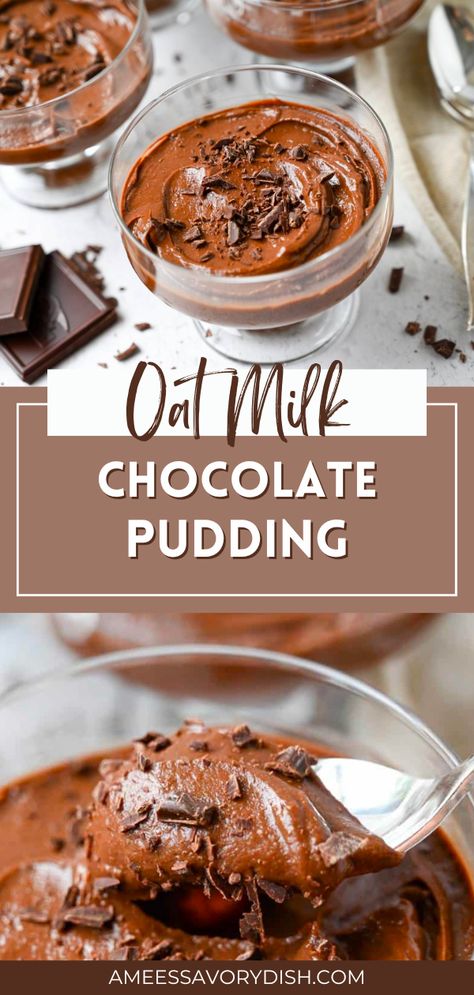 This Oat Milk Chocolate Pudding satisfies a health-conscious sweet tooth without sacrificing decadence or special dietary restrictions, as the ingredients are naturally gluten-free, lactose-free, refined sugar-free, AND easy to modify for grain-free, dairy-free, and paleo protocols! This chocolate pudding made with oat milk is just as good, if not better, than traditional chocolate pudding! Lactose Free Pudding, Oat Milk Chocolate Pudding, Oat Milk Pudding Recipe, Oat Milk Dessert, Dairy Free Pudding Recipe, Non Dairy Pudding, Oatmilk Pudding, Dairy Free Chocolate Pudding, Desserts With Oats