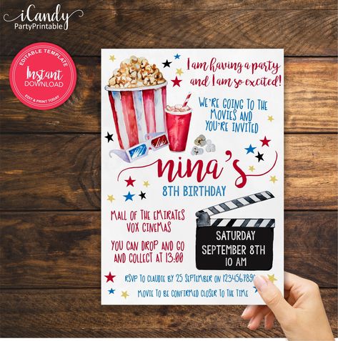 Excited to share the latest addition to my #etsy shop: Movie Night Birthday Invitation, Cinema Invitation, Editable and Printed by you, Instant Access, https://etsy.me/3rvpeJt #birthdayinvitation #movienight #movie #cinema #icandypartyprintable #etsy #etsyseller Cinema Invitation, Movie Night Birthday, Movie Birthday Party, Movie Night Party, Movie Birthday, Movie Party, 8th Birthday, Party Printables, Movie Night