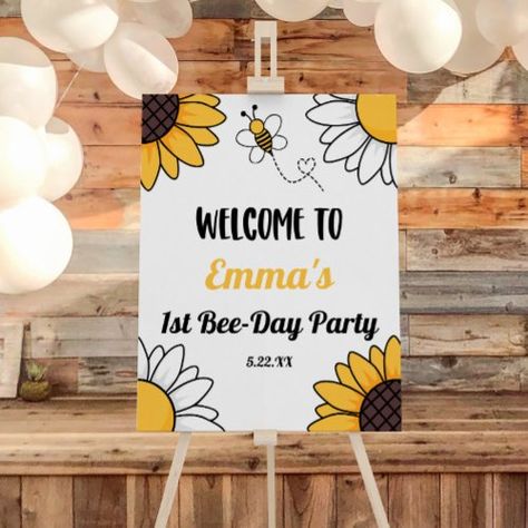 $44.20 | Bumble Bee First 1st Birthday Party Welcome Sign #bumble bee, sunflower daisy flowers, yellow black and white, 1st first one 1, bee-day honey bee, birthday party, cute girl girly, bee day b-day bday, welcome sign easel poster board, foam board entry sign Welcome Sign Easel, Honey Bee Birthday Party, 1st Bee Day, Honey Bee Birthday, Sign Easel, Bee Day, Entry Signs, Party Welcome Sign, Bee Honey