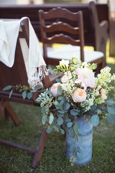 Galvanized Floral Arrangements Tin Buckets, Country Ceremony, Barr Mansion Wedding, Orange Photography, Muskoka Wedding, French Country Wedding, Ceremony Florals, Barr Mansion, Church Wedding Flowers