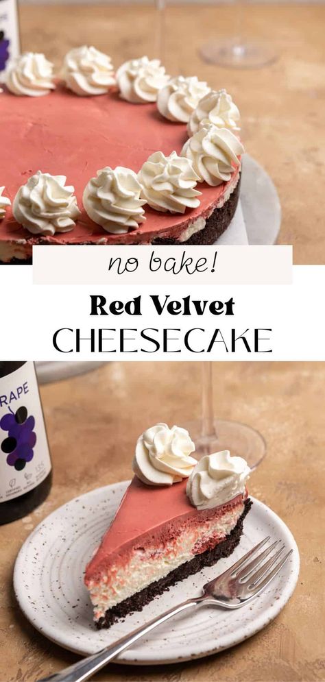 This no-bake red velvet cheesecake is the perfect easy dessert for any special occasion, whether for a Valentine’s Day celebration or holiday dessert table. It's fluffy and creamy cheesecake with swirls of vanilla and red velvet on top of an Oreo cookie crust. Finished with homemade whipped cream, it's the ultimate decadent dessert. Red Velvet Mousse, No Bake Red Velvet, Holiday Dessert Table, Velvet Cheesecake, Oreo Cookie Crust, Holiday Desserts Table, Gluten Free Cheesecake, Red Velvet Cheesecake, Oreo Cookie