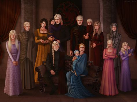 King Jaehaerys I Targaryen also known as “The Conciliator”, “The Wise” or “The Old King” with his wife “Good Queen” Alysanne Targaryen and their children (left to right): princess Daella, prince Vaegon, crown prince Aemon with his wife Jocelyn Baratheon and daughter Rhaenys, prince Baelon with his wife Alyssa and son Viserys, princess Maegelle, princess Saera and princess Viserra. The Queen holds princess Gael or “Winter Child” Targaryen Family Art, Baelor Breakspear, Queen Alysanne, Jocelyn Baratheon, Disney Characters Lion King, Alysanne Targaryen, Asoiaf Fanart, Aemon Targaryen, Winter Child