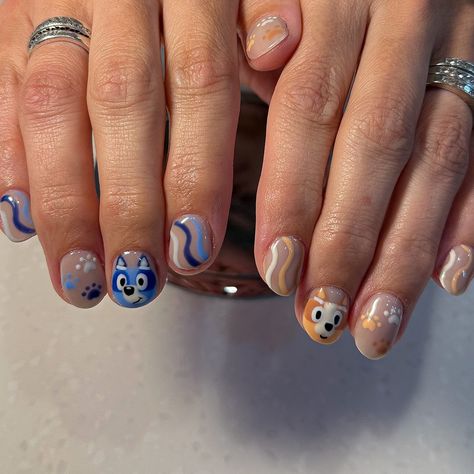 I’m so proud of these, I’m screaming😭 her son’s birthday party was this weekend, can you guess what the theme was??😉💙✨ . #nails #nailday #nailartdesign #nailinspo #nailinspiration #bluey #blueynails #birthdaynails #nailsnailsnails #michigannails Bluey Themed Nails, Bluey Nail Ideas For Kids, Bluey Cartoon Nails, Bluey Nails Ideas, Bluey Nail Design, Bluey Nails Cartoon, Bluey Nail Ideas, Summer Nails For Kids, Heartstopper Nails