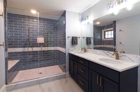 Blue Shower Tile, Navy Blue Tile, Accessible Bathroom Design, Lake House Bathroom, Blue Subway Tile, Blue Bathroom Tile, Subway Tile Showers, Custom Tile Shower, Subway Tiles Bathroom