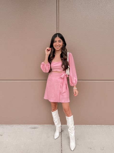 Pink Dress White Boots, Pink Dress With Boots, Dress Date Night Outfit, White Boots Outfit, Dress Date, Dress Date Night, Outfit White, Pink Boots, Astr The Label