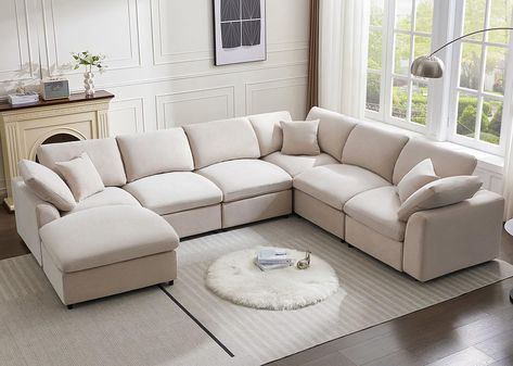 PRICES MAY VARY. MODULAR DESIGN: In addition the usual L-shaped or U-shaped sofas, the spacious modular sectional sofa allows you to freely combine and arrange individual modules to create the perfect couch for your mood, occasion and space. Let your creativity soar and enjoy the fun of assembling it with your loved ones LUXURIOUS COMFORT: Designed for ultimate comfort and crafted with exceptional craftsmanship, Siiejia oversized couch features luxurious cushions that provide unparalleled comfor Living Room With L Shape Sofa, L Shaped Sectional Living Room Layout, Beige Sectional Living Room, Beige Couches, New Classic Living Room, Classic Sofa Living Room, Living Room Spacious, Sectional Sofa Modern, Luxurious Cushions