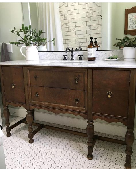 Antique Dresser Bathroom Double Vanity, Buffet Bathroom Vanity Double Sinks, Antique Double Vanity, Antique Buffet Bathroom Vanity, Vintage Double Vanity, Antique Dresser Bathroom Vanity, Dark Wood Vanity Bathroom, Diy Double Vanity, Buffet Redo