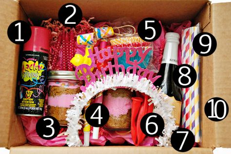 Birthday In A Box Care Package, Birthday In A Box Ideas, Party Box Ideas Packaging, Party In A Box Ideas Diy, Diy Birthday Box, Diy Gifts Sister, Best Friend Birthday Surprise, Korbel Champagne, Best Birthday Surprises