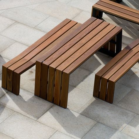 The Kink table and bench, designed and manufactured by Tait. Commercial Outdoor Benches, Timber Bench Seat, Commercial Outdoor Furniture, Wooden Benches, Outside Furniture, Deck Furniture, Wooden Bench, Outdoor Bench, Lounge Furniture