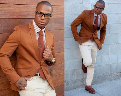 Burnt orange and cream though????? #Sick Orange Suit, Man In A Suit, Mens Fashion Smart, Mens Fashion Blog, Brown Blazer, Brown Loafers, Men's Fitness, Checkered Dress, Sharp Dressed Man