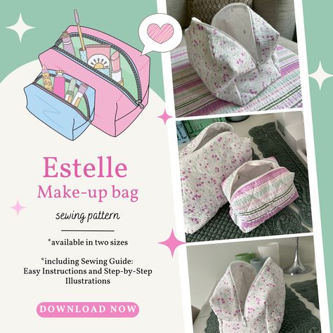 🌷 With this sewing instruction you can make the big viral makeup/toiletry bag featured on tiktok (@byhannass)! + measurements for a smaller version of the makeup bag is included as extra   🌸Our guide stands out with its easy-to-follow instructions, ensuring that beginners can achieve stunning results.   🌸 The cute design of the makeup bag will make it a standout piece in your collection. #handmadebyestelle #estellebyhssewingprojects Sewing Pattern Toiletry Bag, Toilet Bag Pattern, Makeup Bag Sewing Pattern, Sewing Planner Printable, Pencil Pouch Pattern, Makeup Bag Pattern, Quilted Makeup Bag, Viral Makeup, First Sewing Projects