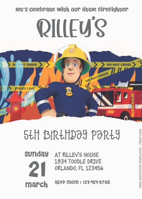 FREE PDF Invitation - Fireman Sam Birthday Invitation Templates Fireman Sam Birthday Party, Birthday Invitation Card Template, Firefighter Gear, Toy Fire Trucks, Fireman Sam, Yellow Balloons, Free Invitation Templates, Party Guests, Lets Celebrate