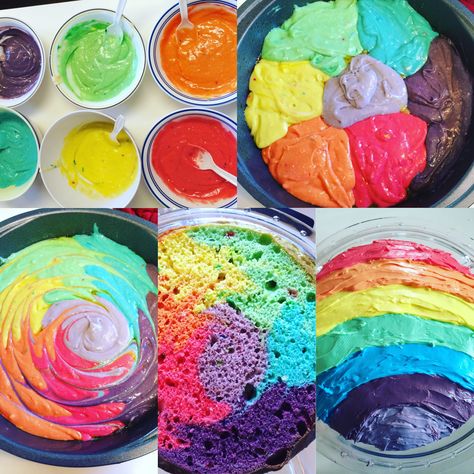 Homemade Rainbow Cake, How To Make Rainbow Cake, Multi Colored Cake, Rainbow Marble Cake, Diy Rainbow Cake, Easy Rainbow Cake, Rainbow Cake Ideas, Rainbow Swirl Cake, Caroline Birthday