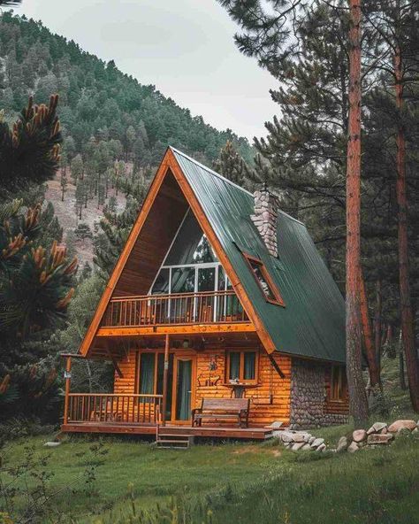 Mountain Cabin Interiors, Frame Cabins, White Cabin, A Frame Cabin Plans, Resort Plan, Triangle House, A Frame Cabins, A Frame House Plans, Building Costs