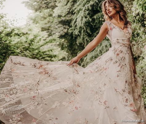 stephanie allin 2019 bridal sleeveless v neck full embellishment floral appliques romantic champagne color soft a  line wedding dress backless v back sweep train (6) mv -- Stephanie Allin 2019 Wedding Dresses | Wedding Inspirasi #wedding #weddings #bridal #weddingdress #weddingdresses #bride #fashion  ~ Stephanie Allin, Marriage Gown, Princess Style Wedding Dresses, Wedding Dress Gallery, Wedding Inspirasi, Wedding Dress Champagne, Pink Wedding Dresses, Floral Wedding Dress, Dress Backless