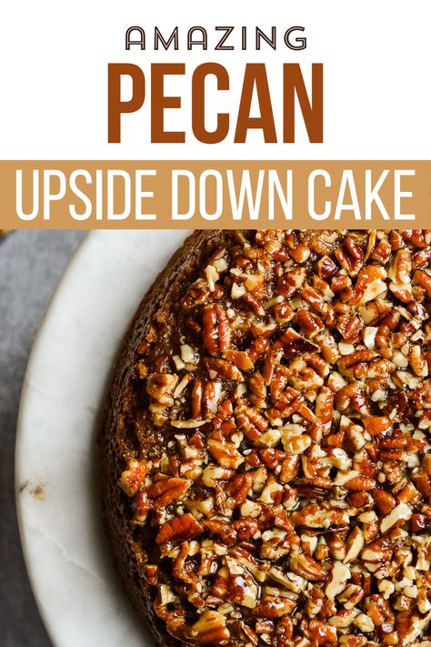 Gluten Free & Dairy Free—this Pecan Upside Down Cake includes all the warm and inviting spices you want in a fall dessert. The gooey mix of pecans and sugar soaks slightly into the cake and creates a moist, crisp fall topping. Recipe comes together quickly and uses simple ingredients—just 15 minutes of hands-on time! Gotta love a fast dessert! Gluten Free Pecan Upside Down Cake, Pecan Upside Down Cake, Gluten Free Pecan, Spiced Cake, Fast Desserts, Green Pesto, Gluten Free Flour Blend, Pecan Cake, Gluten Free Dairy Free Recipes