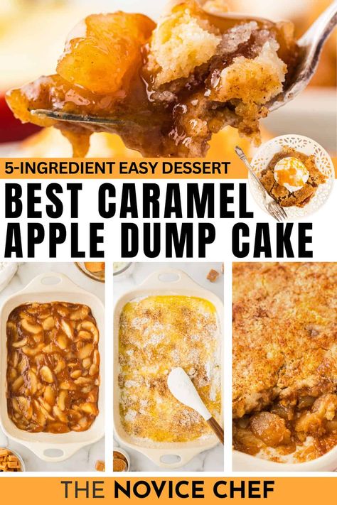 This easy caramel apple dump cake recipe delivers gooey caramel goodness, spiced apples, and a crisp, buttery cake layer — all without any fuss. Made with just 5 ingredients, this fall dessert is a guaranteed hit, especially when paired with a scoop of ice cream! #FallDessertRecipes #AppleRecipes #CakeMixRecipes Apple Crisp Desserts Easy, Caramel Peach Dump Cake, Spice Apple Dump Cake, Carmel Apple Cobbler Recipe, Campfire Dump Cake, Carmel Apple Dump Cake With Caramel Bits, Apple Caramel Dessert, Dump Cakes Recipes Easy, Caramel Apple Spice Cake