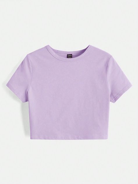 Lilac Purple Casual Collar Short Sleeve Knitted Fabric Plain  Embellished Medium Stretch  Women Clothing Cute Purple Tops, Light Purple Clothes, Saturday Fits, Lilac Clothes, Purple Shirt Outfit, Light Purple Crop Top, Rapunzel Disneybound, Purple Shirt Outfits, Top Roxo