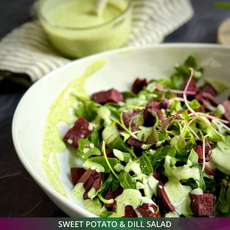 SWEET POTATO DILL SALAD: The Fall answer to salads. When the weather gets cooler, I love adding a WARM ingredient to salads. By pre-roasting PURPLE SWEET POTATOES on meal prep day, you have a perfect ingredient, warmed in seconds in the microwave, added to peppery fresh arugula with Kalamata olives and a CREAMY VEGAN DILL DRESSING for a healthy, comforting meal. Throw on some sardines or tofu cubes for more protein and call it a day. Sweet potatoes are packed with nutrition, gut-healthy f... Vegan Dill Dressing, Tofu Cubes, Dill Salad, Dill Dressing, More Protein, Purple Sweet Potatoes, Kalamata Olives, Arugula, Sweet Potatoes