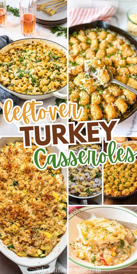 Collage of cozy casserole meals made from leftover Thanksgiving turkey. Turkey Casserole Recipes Leftover Easy, Lasagna Turkey, Turkey And Stuffing Casserole, Thanksgiving Leftover Ideas, Turkey Casserole Recipes, Turkey Casseroles, Thanksgiving Leftover Casserole, Easy Leftover Turkey Recipes, Turkey Casserole Recipes Leftover