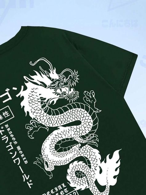 ROMWE Anime Guys Dragon & Japanese Letter Graphic Tee | SHEIN USA Tshirt Style Outfit, Dragon Japanese, Japanese Letter, Green Shirt, Summer Tshirts, Tshirts Online, Vintage Tshirts, Anime Guys, Tshirt Print