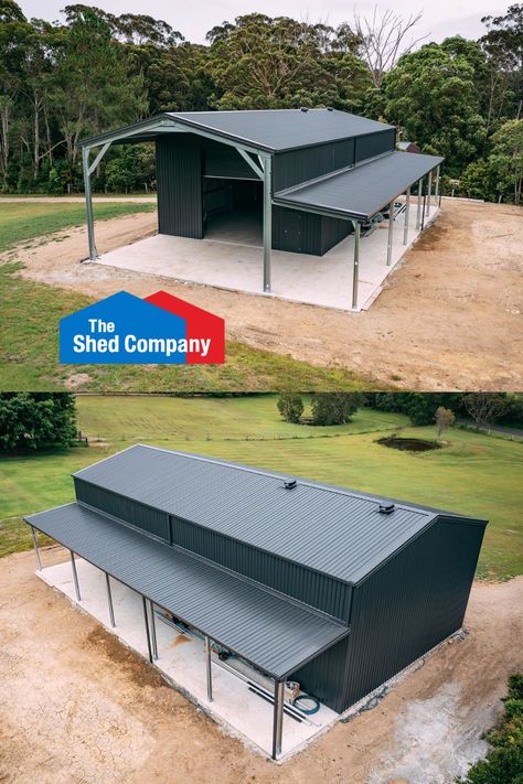 What a masterpiece of a shed, styled all over in one of the most popular #COLORBOND colours - Monument®. Industrial Shed House, Steel Shed Ideas, Metal Shed Ideas, Industrial Shed Design, Colorbond Colours, Farm Garage, Diy Pole Barn, Event Space Design, Pole Barn Designs