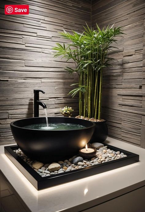 Bathroom Decor Plants Modern, Black Theme Home Decor, Spa Bathroom Lighting Ideas, Black And White Bathroom Ideas Modern, Budget Interior Ideas, Bamboo Decor Ideas, Asian Inspired Bathroom, Exotic Bathrooms, Tropical Bathroom Ideas