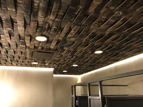 Barrel stave ceiling Barrel Ceiling Ideas, Barrel Stave Projects, Barrel Stave Ideas, Barrel Stave Wall, Basement Pub, Break Area, Bourbon Room, Barrel Vault Ceiling, Barrel Ideas