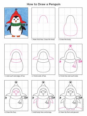 Art Projects for Kids: How to Draw a Penguin #artprojectsforkids Art 2nd Grade, Penguin Project, Trin For Trin Tegning, Juleverksted For Barn, Winter Art Lesson, Classe D'art, Penguin Coloring Pages, Penguin Drawing, Winter Art Projects