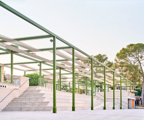 This is a project for the transformation of an existing public space. The intervention enhances existing qualities and elements through its use and enables the place as an infrastructure for future lives. Public Space Design, Public Square, Urban Fabric, High Walls, Brno, Contemporary Architecture, Outdoor Shade, Public Space, Space Design