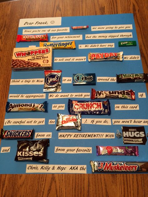 Retirement Chocolate Bar Poster, Retirement Candy Boards, Gifts Baskets For Men, Birthday Greetings For Aunt, Birthday Gifts Baskets, Candy Bar Cards, Pastor Retirement, Candy Poems, Chocolate Puns