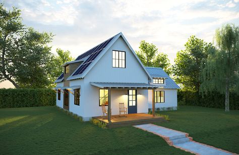 The North Carolina prefab builders at Deltec launched a line of affordable net-zero energy homes last year to great fanfare from off-grid buffs around the U.S. Now we’re thrilled to see them introduce a brand new design to this collection; a charming, classically-styled Solar Farmhouse with all of the old-fashioned curb appeal, plus the futuristic technology that makes this home achieve net-zero energy. Affordable Prefab Homes, Farmhouse Exterior Design, Farmhouse Architecture, Modern Prefab Homes, Passive Solar Design, Zero Energy, Prefab Cabins, Solar Design, Net Zero