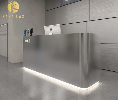 Reception desk with custom logo
stainless steel material
Gold and silver with lights to increase the sense of luxury Cash Desk Design, Grey Reception Desk, Stainless Steel Reception Desk, Led Reception Desk, Steel Reception Desk, Unique Reception Desks, Front Desk Hotel, Hotel Reception Desk, Modern Lobby