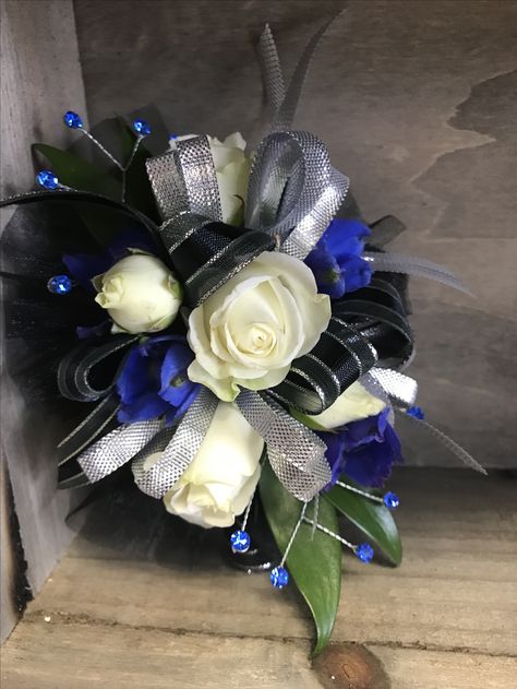 Royal Blue And Black Corsage And Boutonniere, Black And Blue Corsage, Hoco Corsage, Dark Blue Delphinium, Corsage Wristlet, Wristlet Corsage, Black Corsage, Blue Corsage, Delphinium Blue