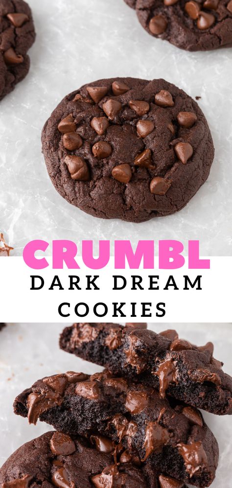 Crumbl dark dream cookies are double chocolate chocolate chip cookies. Easy one is thick, and ooey gooey. Perfect copycat cookie recipe for all those chocolate lovers. This one is packed with semi sweet chocolate chips too #crumbl #cookies #crumblcookies Crumbl Cookie Copycat Semi Sweet Chocolate Chunk, Thick Double Chocolate Cookies, Crumbl Dark Dream Cookie, Thick Chocolate Cookies, Double Chocolate Chunk Cookie Recipe, Crumbl Monster Cookie Copycat, Crumbl Cookie Copycat Chocolate Chip, Thick Cookies Recipe, Dark Dream Cookies