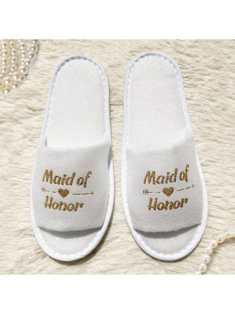 One Pair Of Gold "Maid Of Honor" Printed White Disposable Slippers For Bridesmaids At Wedding Gold Maid Of Honor Printed White Slippers Fashionable    Plain    Women Shoes, size features are:Bust: ,Length: ,Sleeve Length: Slippers For Bridesmaids, Cam Holmes, Disposable Slippers, White Slippers, Wedding Gold, Home Slippers, House Slippers, Ciabatta, Amazing Products