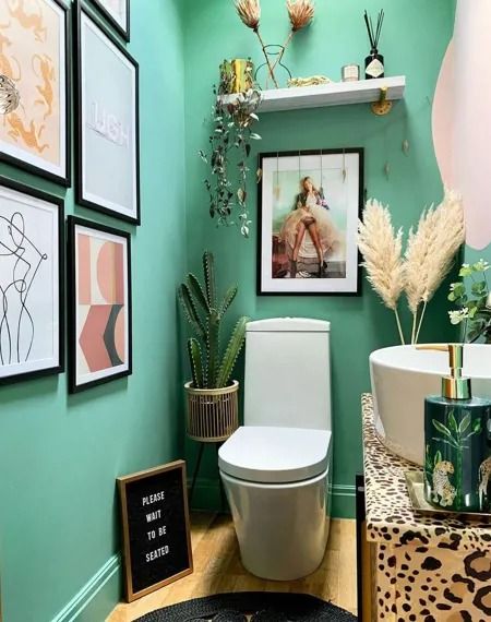 Colourful Bathroom Paint Ideas | Valspar Paint Turquoise Toilet Room, Downstairs Toilet Ideas Quirky Wallpaper, Tropical Downstairs Toilet, Colourful Downstairs Toilet, Colourful Toilet Room, Fun Downstairs Toilet Ideas, Funky Guest Bathroom, Sinks Bathroom Decor, Blue Cloakroom