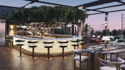 Rooftop Bar And Restaurant, Open Bar Design Outdoor, Restaurant Rooftop Design, Roof Bars Design, Terrace Restaurant Design Rooftop Bar, Outdoor Club Design, Terrace Cafe Design Rooftop Bar, Outdoor Bar Restaurant Design, Bar At Home Design