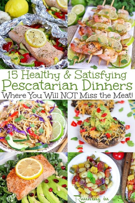 15 Easy & Healthy Pescatarian Meals. These quick dinner recipes are perfect for beginners or anyone wanting a simple dinner on the table in less than 30 minutes. Lots of clean eating, plant based ideas and also shrimp and salmon recipes. / Running in a Skirt #pescatarian #healthy #healthyliving #vegetarian #plantbased #flexitarian #salmon #fish #shrimp via @juliewunder Easy Healthy Dinner Pescetarian, Quick Dinner Ideas Pescatarian, Low Cal Pescatarian Recipes, Easy Pescatarian Recipes Crock Pot, Plant Based Fish Recipes, Pescatarian Recipes Healthy Clean Eating, Pescatarian Snack Ideas, Cheap Pescatarian Meals, Easy Pescatarian Meals