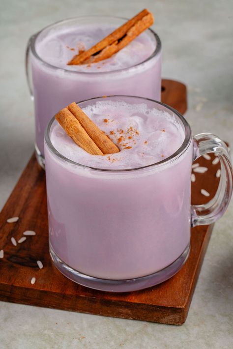 This Ube Horchata is a fun fusion of Mexican and Filipino cuisine. The Filipino yam complements the sweetness of horchata and adds a pop of purple that everyone will love. Vegan Coquito Recipe, Vegan Horchata, Mexican Horchata, Mushroom Stroganoff Recipe, Vegan Tamales, Vegan Condensed Milk, Horchata Recipe, Vegan Mushroom Stroganoff, Ube Recipes