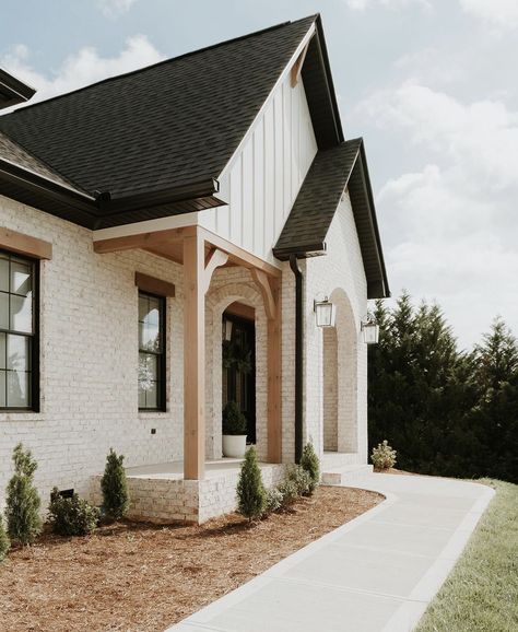 Cream Colored Brick House, Cream Siding House, Cream Rock House Exterior, Painted Cedar Shake Siding, Modern Farmhouse With Stone, Timeless House Exterior, Light Brick House Exterior, Cream House Exterior, Half Brick Half Siding Exterior